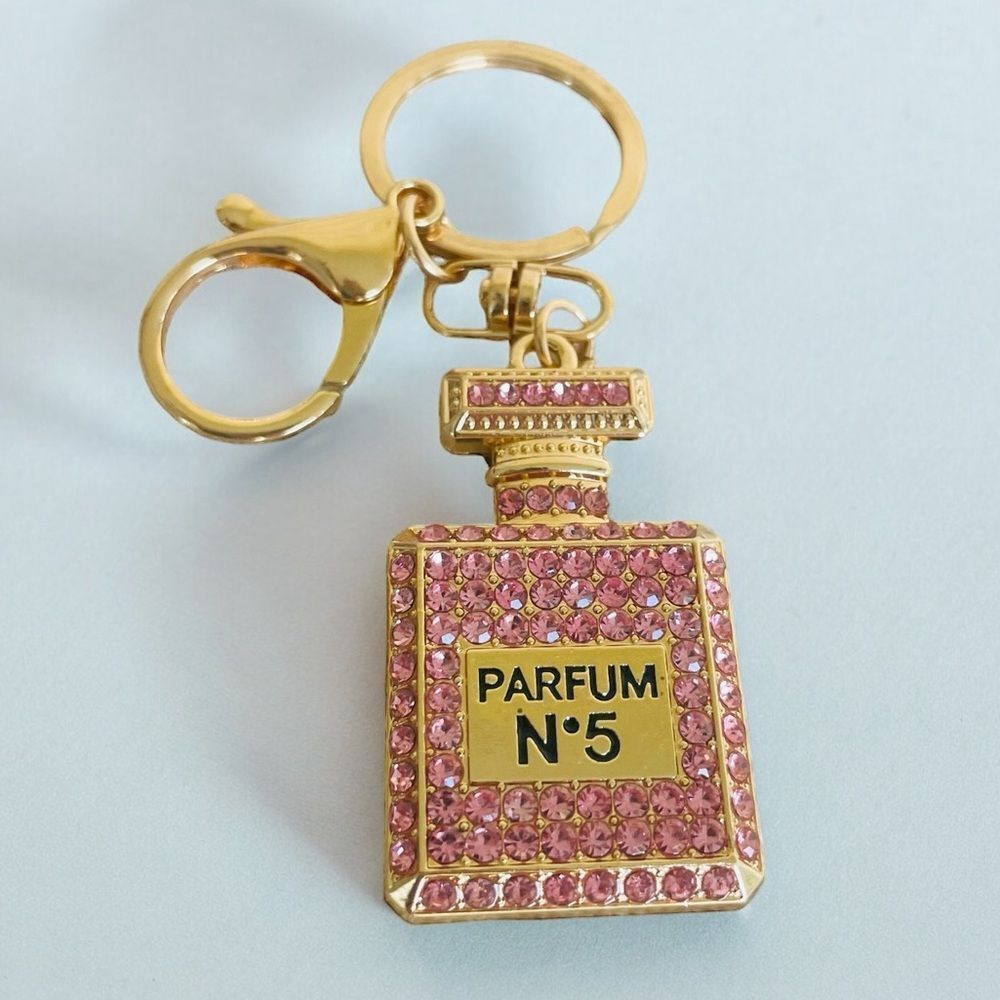 Pink Perfume Bottle No 5 Rhinestone Bag Charm Keychain Gold Tone NWT